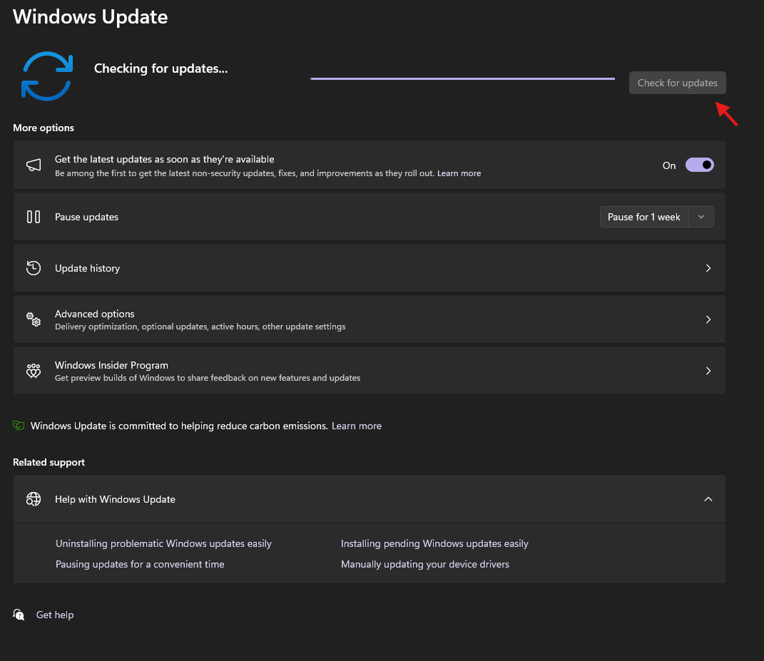 Screenshot showing Check for updates button
