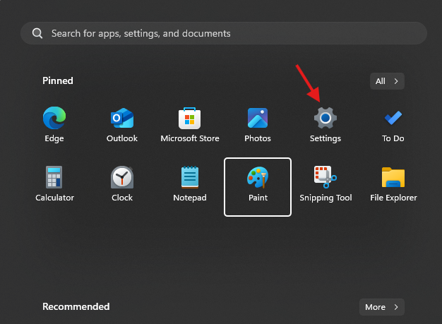 Screenshot showing Start Menu with Settings option